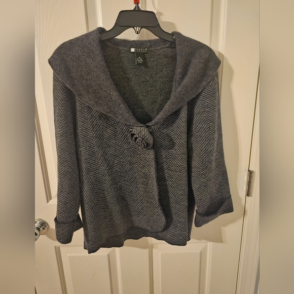 Carole Little 100% Wool Cardigan Gray Herringbone Shawl Collar Size XL - Picture 1 of 5